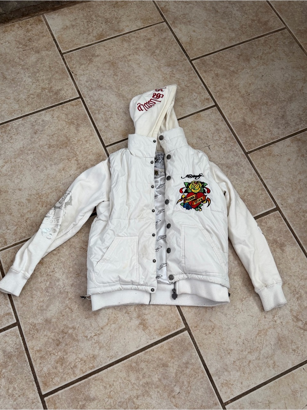 Ed Hardy 2000s Y2K Kids Hooded Puffer Jacket with Colorful Chest Embroidery